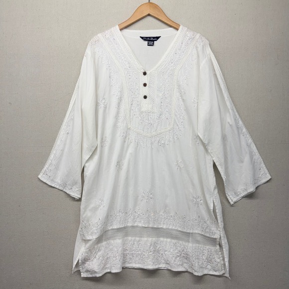 Double Decker Tops - Double Decker White Cotton Embroidered Sequin Tunic Top Plus Size Boho V-Neck